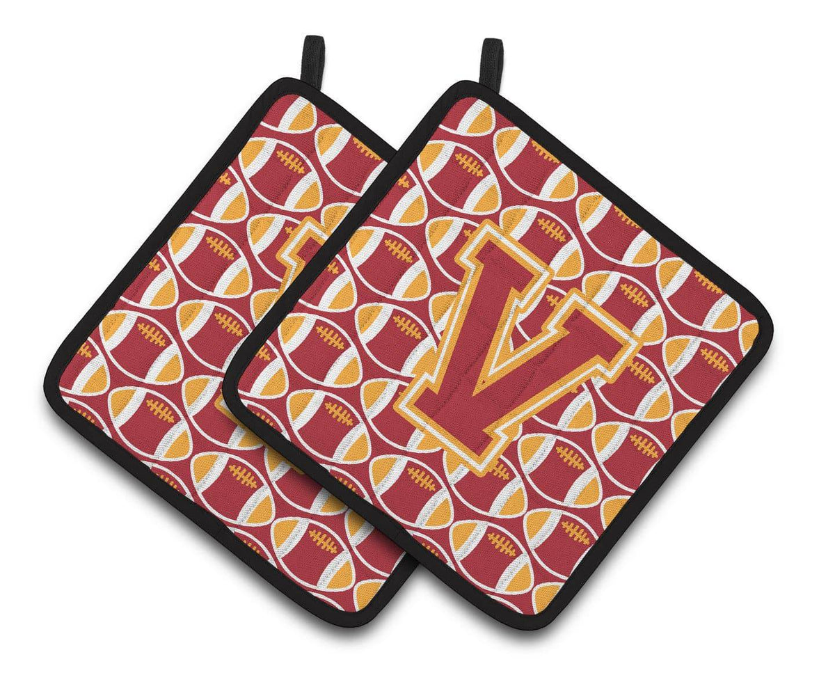 Letter V Football Cardinal and Gold Pair of Pot Holders CJ1070-VPTHD - the-store.com