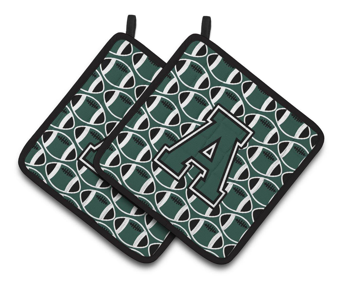 Letter A Football Green and White Pair of Pot Holders CJ1071-APTHD - the-store.com