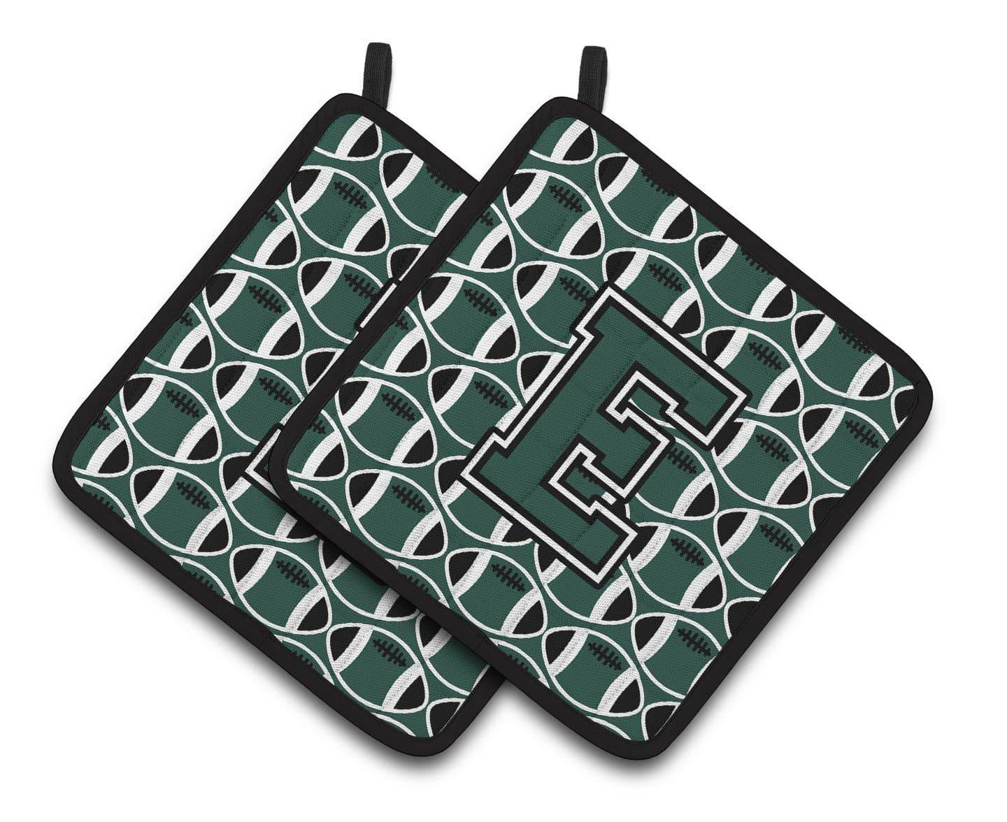 Letter E Football Green and White Pair of Pot Holders CJ1071-EPTHD - the-store.com