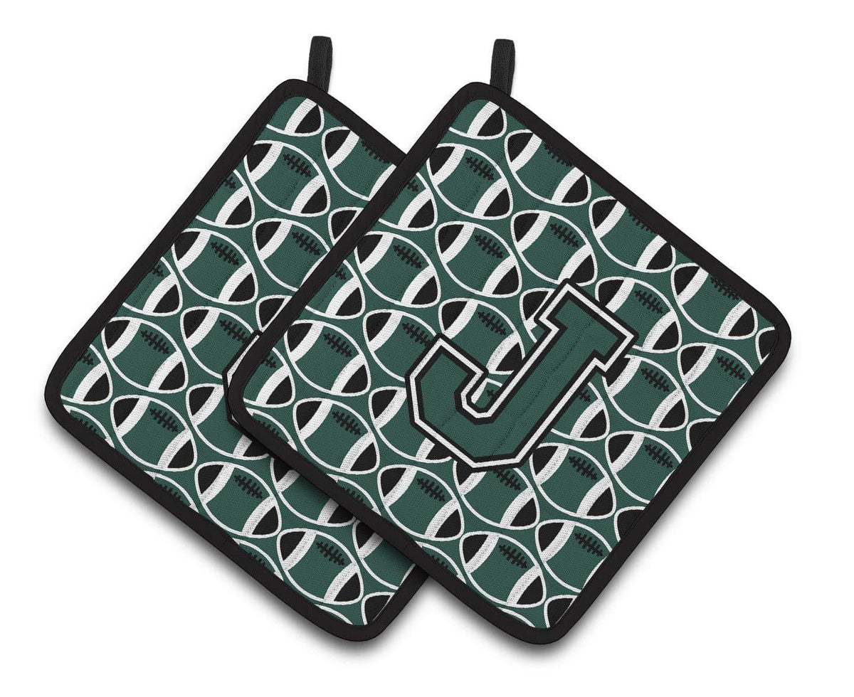 Letter J Football Green and White Pair of Pot Holders CJ1071-JPTHD - the-store.com