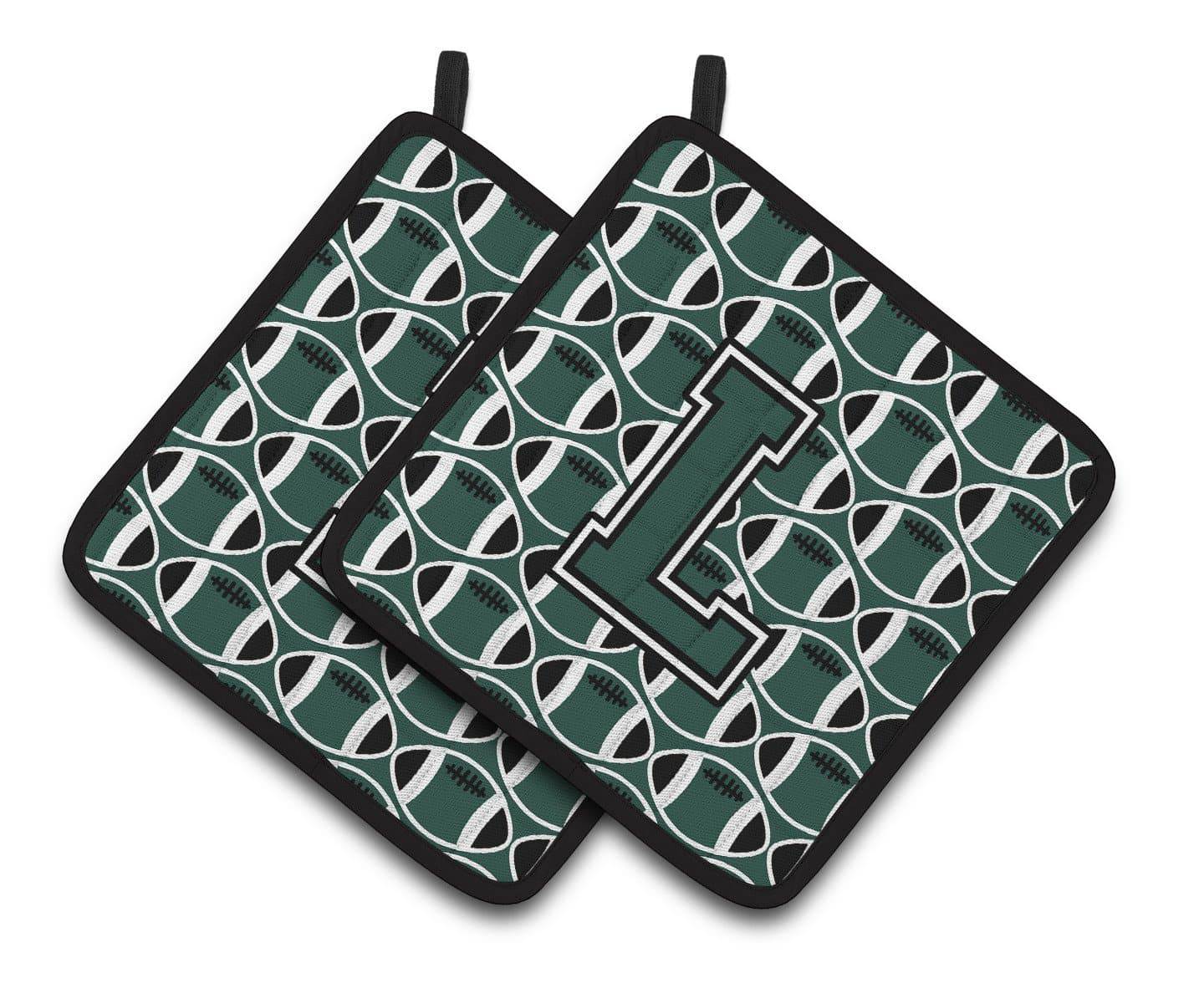 Letter L Football Green and White Pair of Pot Holders CJ1071-LPTHD - the-store.com