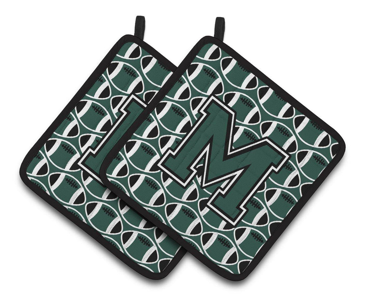 Letter M Football Green and White Pair of Pot Holders CJ1071-MPTHD - the-store.com
