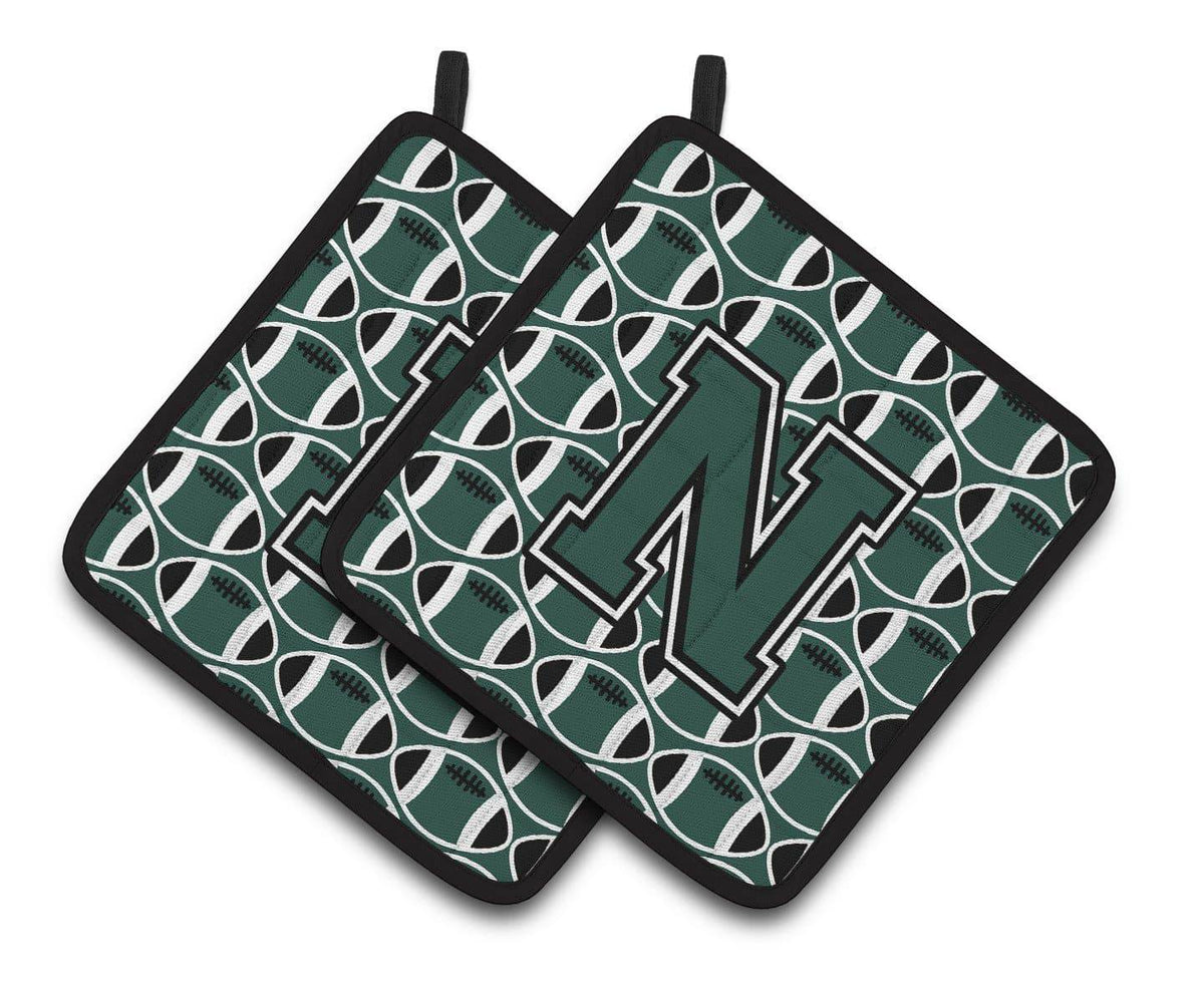 Letter N Football Green and White Pair of Pot Holders CJ1071-NPTHD - the-store.com