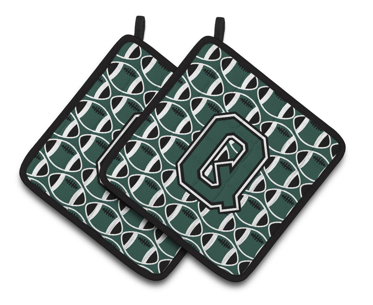 Letter Q Football Green and White Pair of Pot Holders CJ1071-QPTHD - the-store.com