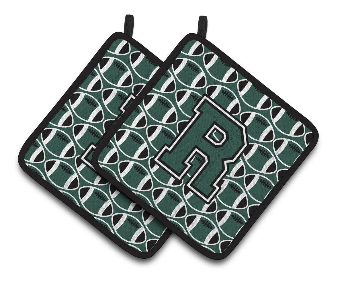 Letter R Football Green and White Pair of Pot Holders CJ1071-RPTHD - the-store.com