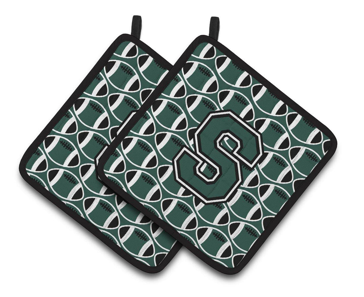 Letter S Football Green and White Pair of Pot Holders CJ1071-SPTHD - the-store.com