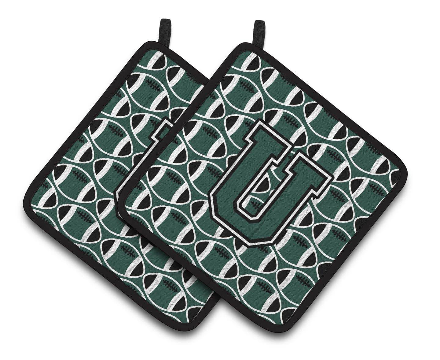 Letter U Football Green and White Pair of Pot Holders CJ1071-UPTHD - the-store.com