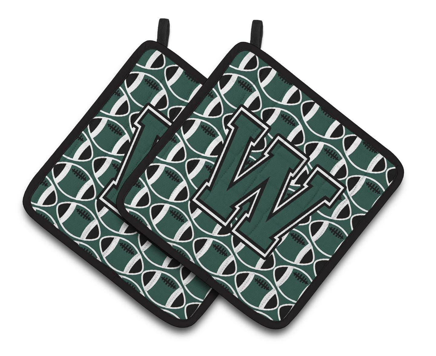 Letter W Football Green and White Pair of Pot Holders CJ1071-WPTHD - the-store.com