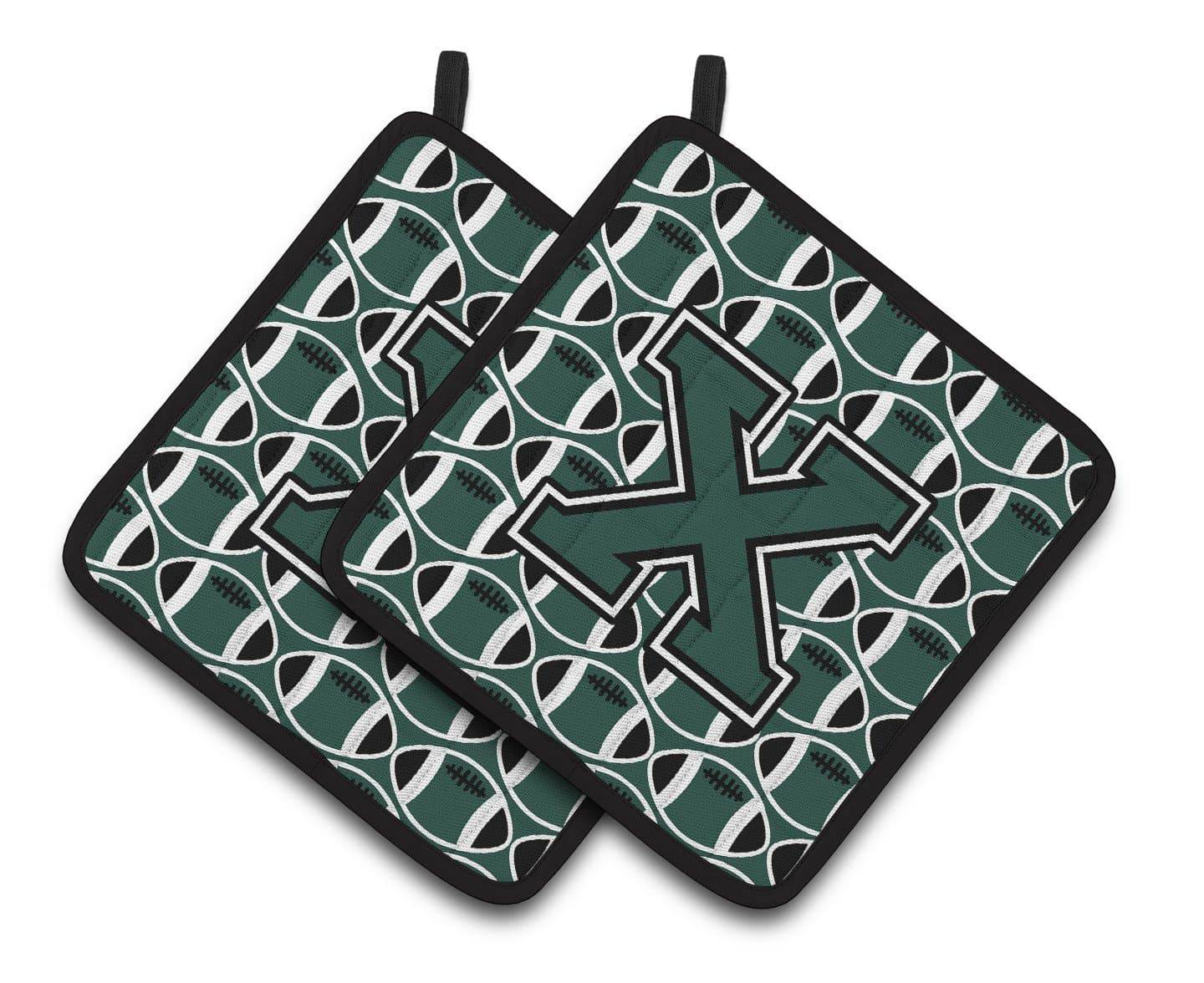 Letter X Football Green and White Pair of Pot Holders CJ1071-XPTHD - the-store.com