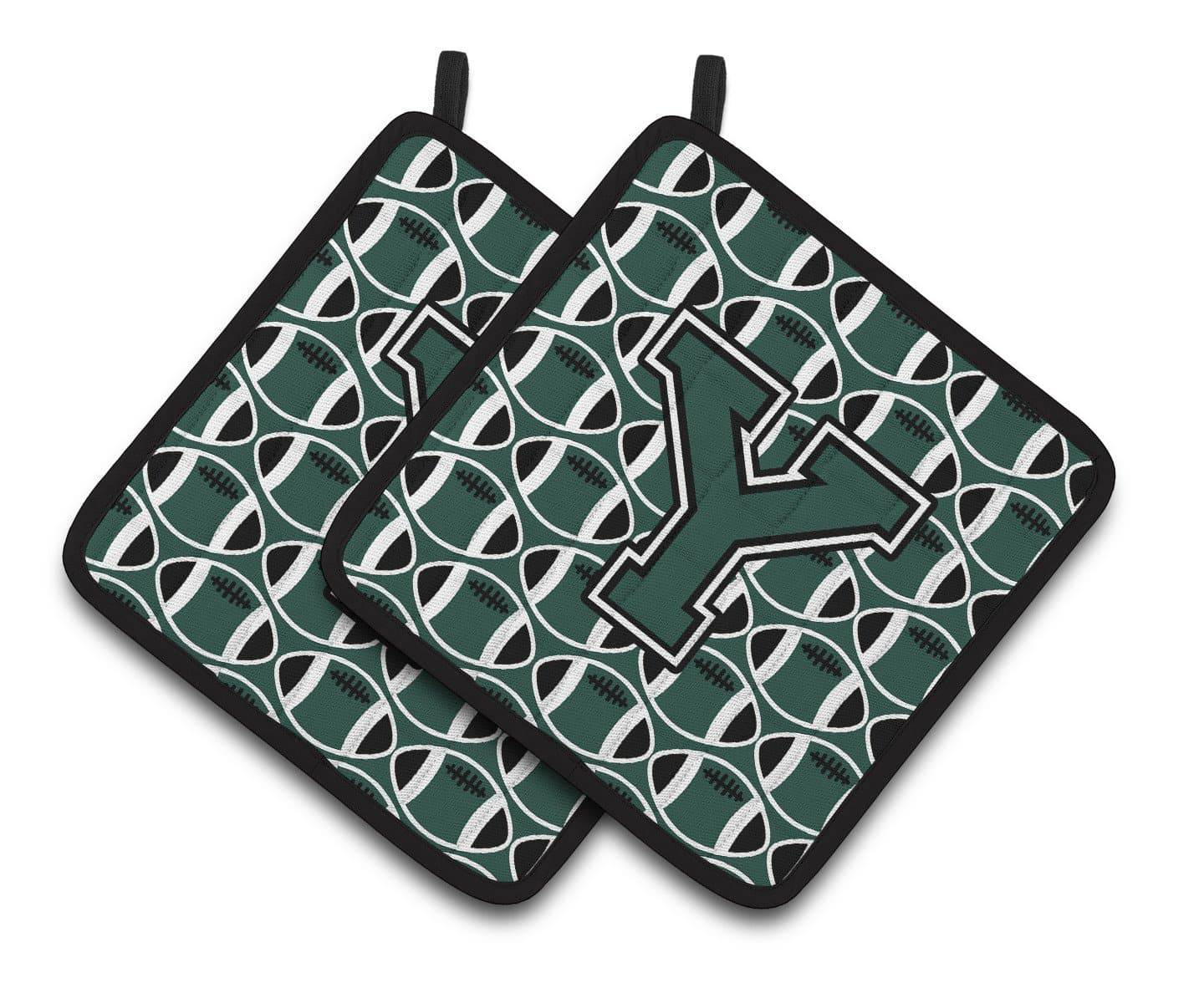 Letter Y Football Green and White Pair of Pot Holders CJ1071-YPTHD - the-store.com