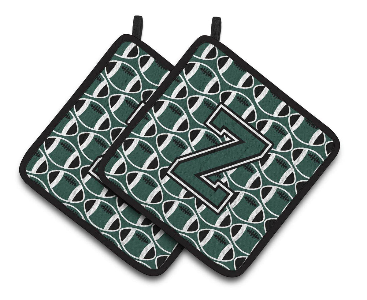 Letter Z Football Green and White Pair of Pot Holders CJ1071-ZPTHD - the-store.com