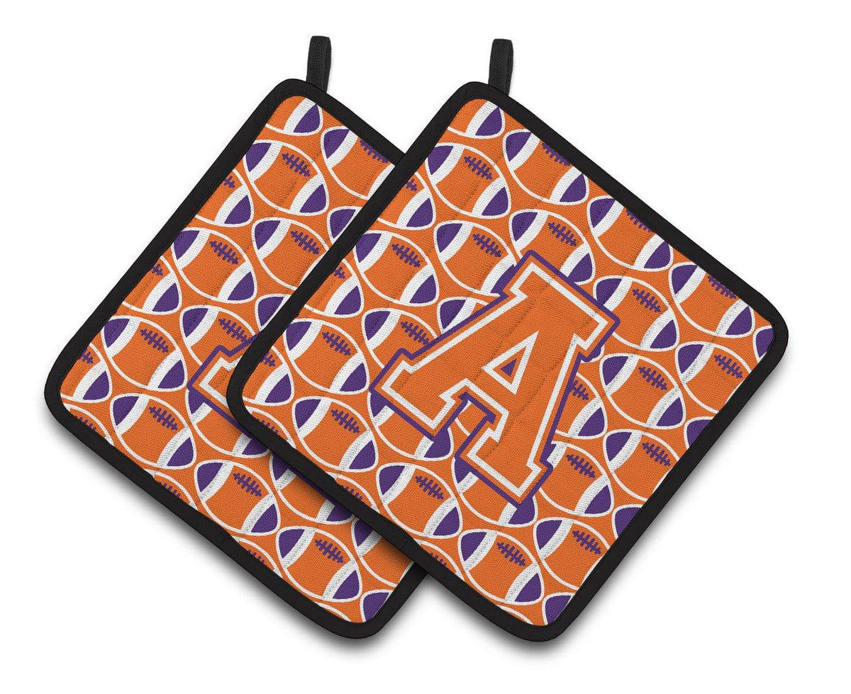&quot;Letter A Football Orange, White and Regalia Pair of Pot Holders CJ1072-APTHD&quot; - the-store.com