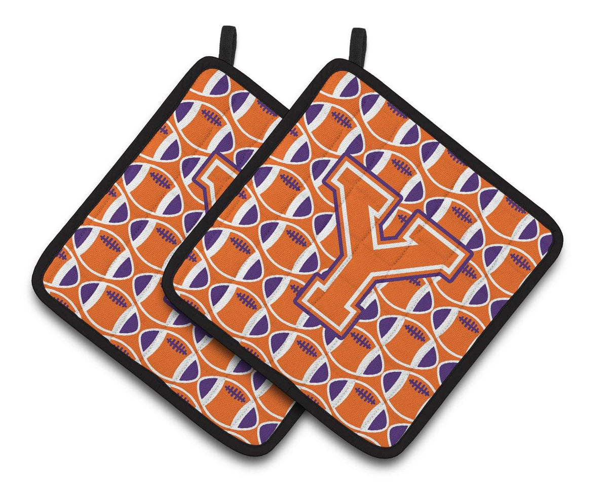 &quot;Letter Y Football Orange, White and Regalia Pair of Pot Holders CJ1072-YPTHD&quot; - the-store.com