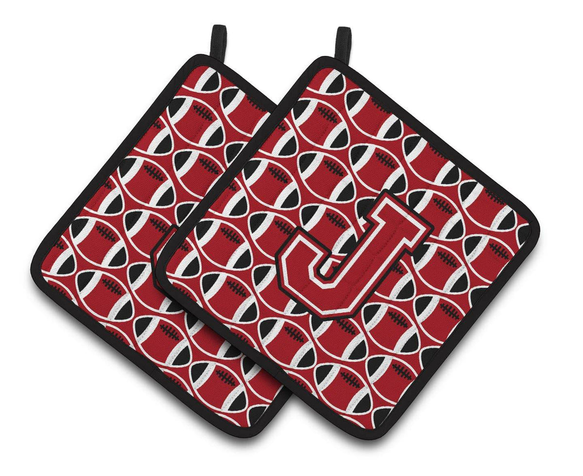 &quot;Letter J Football Red, Black and White Pair of Pot Holders CJ1073-JPTHD&quot; - the-store.com