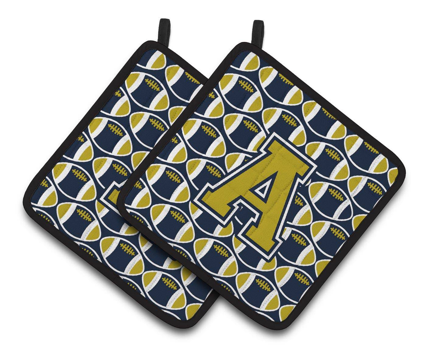 Letter A Football Blue and Gold Pair of Pot Holders CJ1074-APTHD - the-store.com