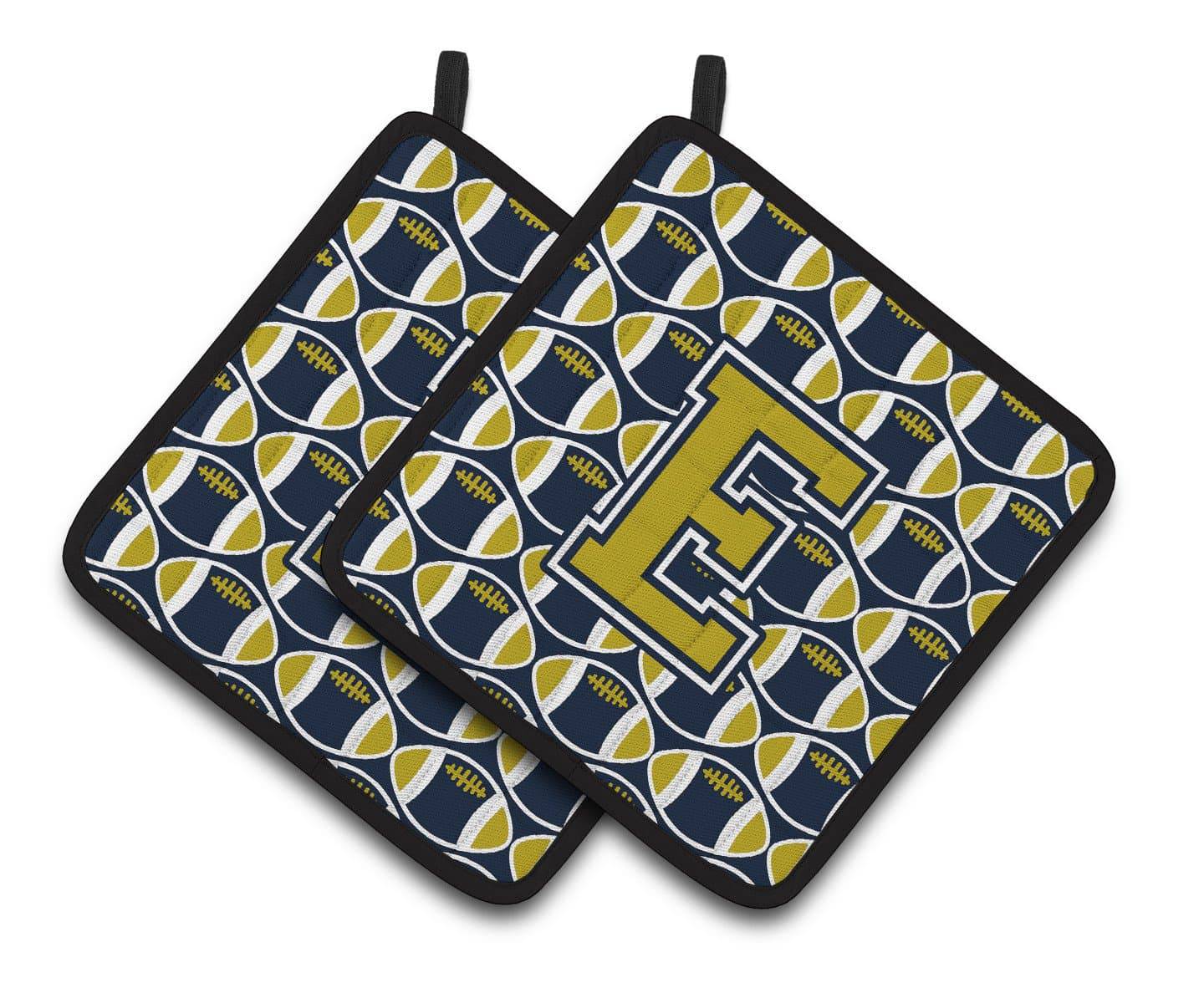 Letter E Football Blue and Gold Pair of Pot Holders CJ1074-EPTHD - the-store.com