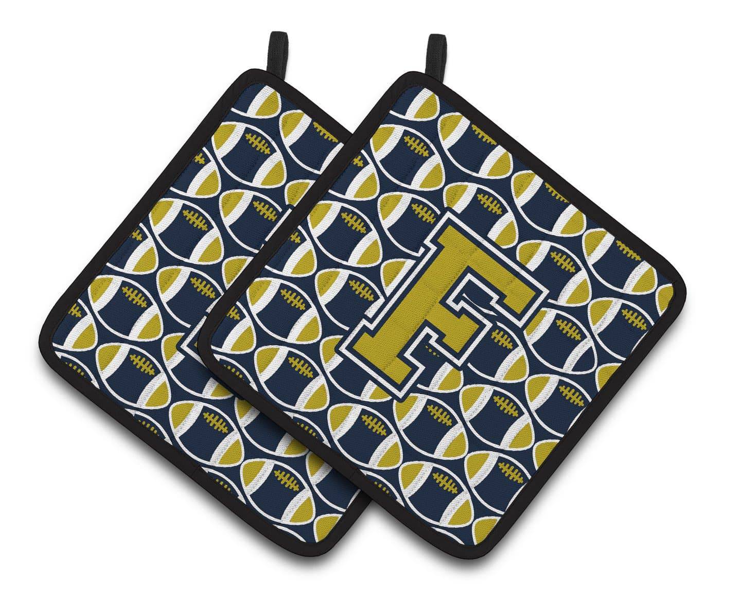 Letter F Football Blue and Gold Pair of Pot Holders CJ1074-FPTHD - the-store.com