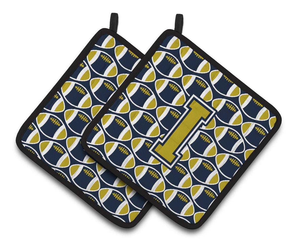 Letter I Football Blue and Gold Pair of Pot Holders CJ1074-IPTHD - the-store.com