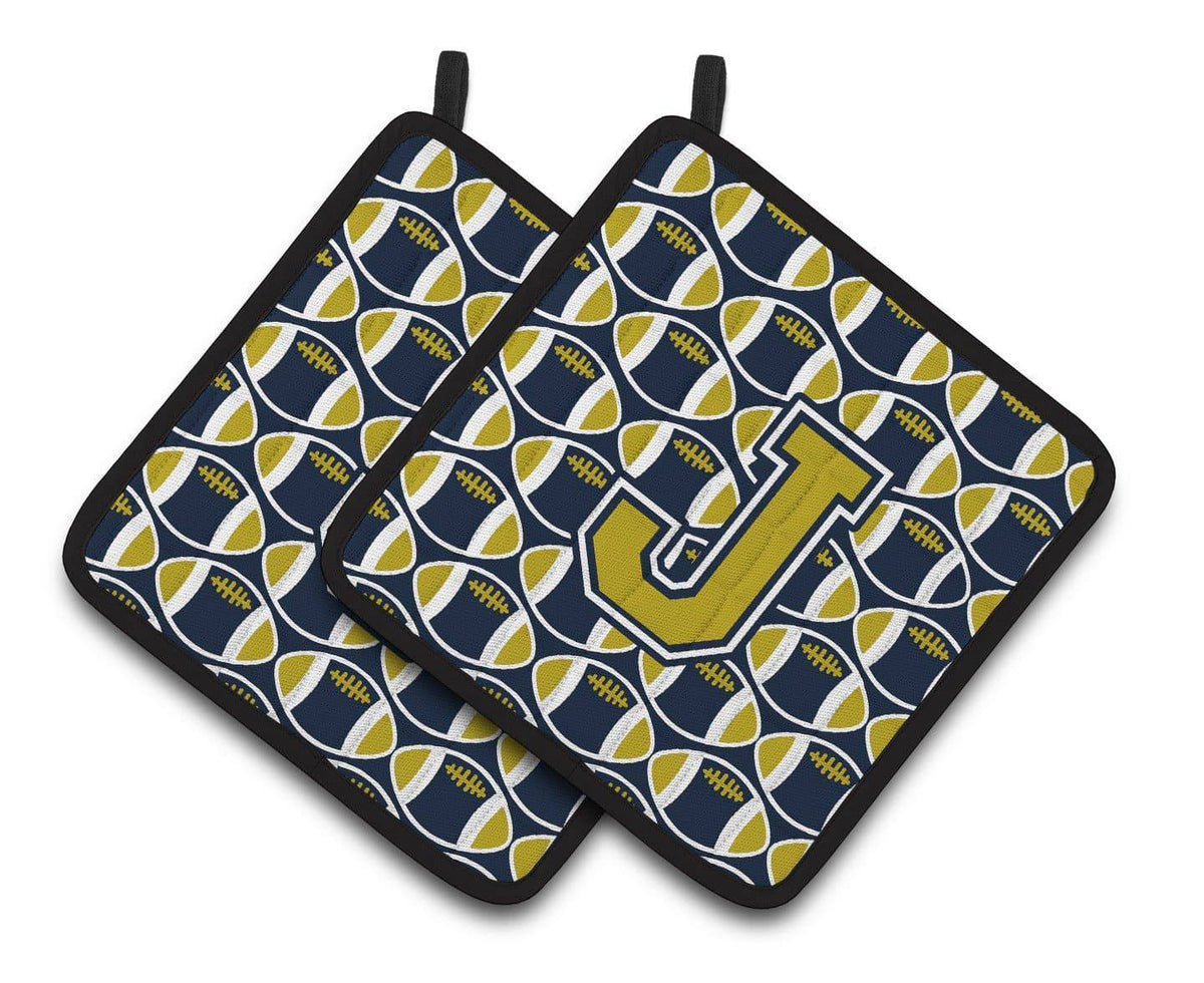 Letter J Football Blue and Gold Pair of Pot Holders CJ1074-JPTHD - the-store.com