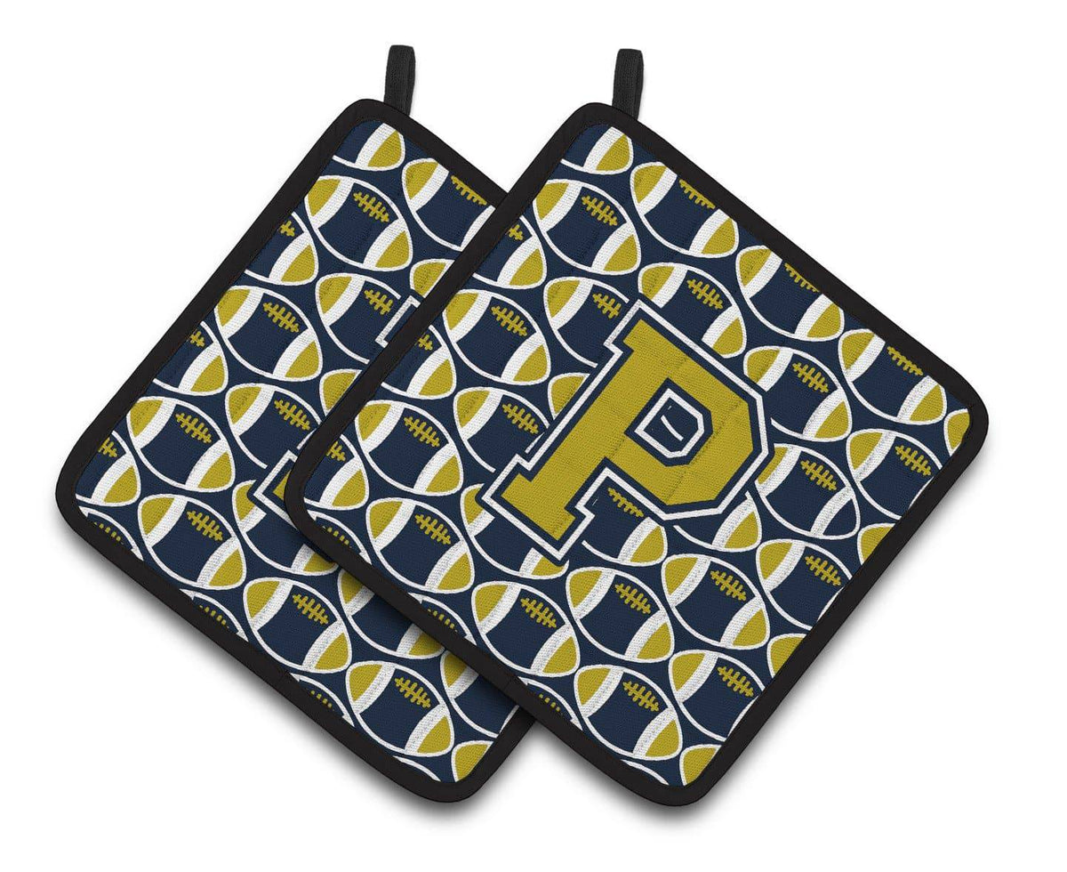 Letter P Football Blue and Gold Pair of Pot Holders CJ1074-PPTHD - the-store.com