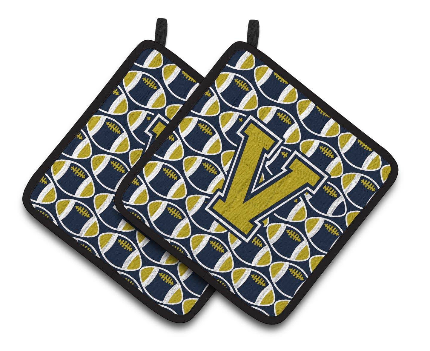 Letter V Football Blue and Gold Pair of Pot Holders CJ1074-VPTHD - the-store.com