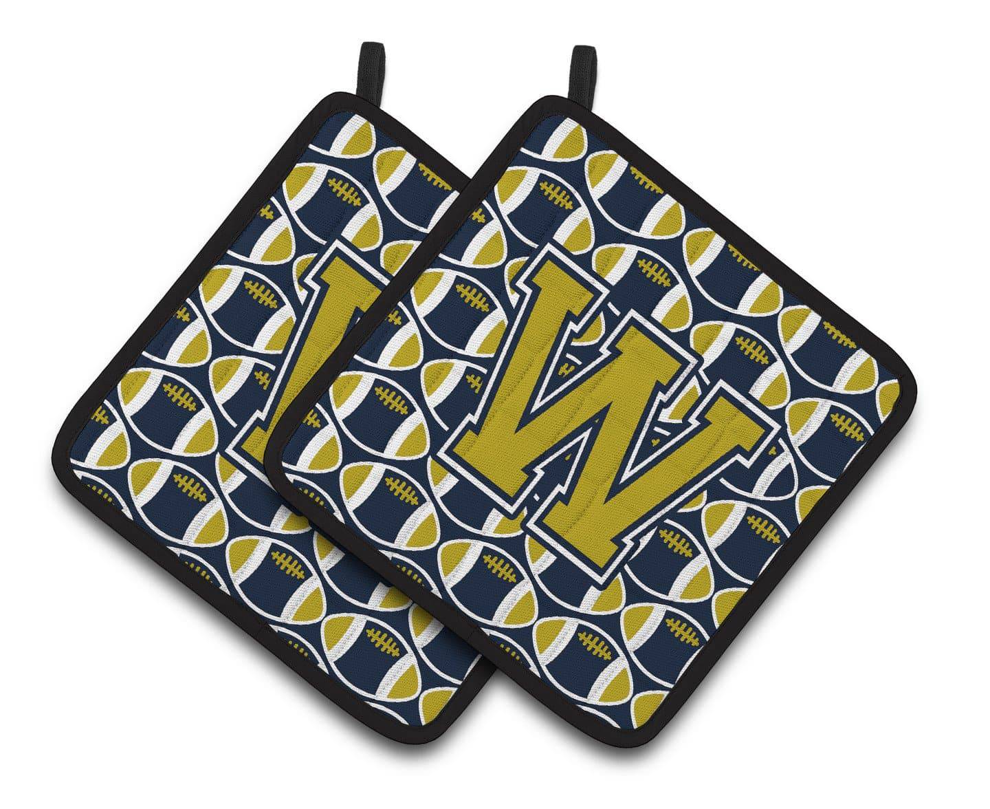 Letter W Football Blue and Gold Pair of Pot Holders CJ1074-WPTHD - the-store.com