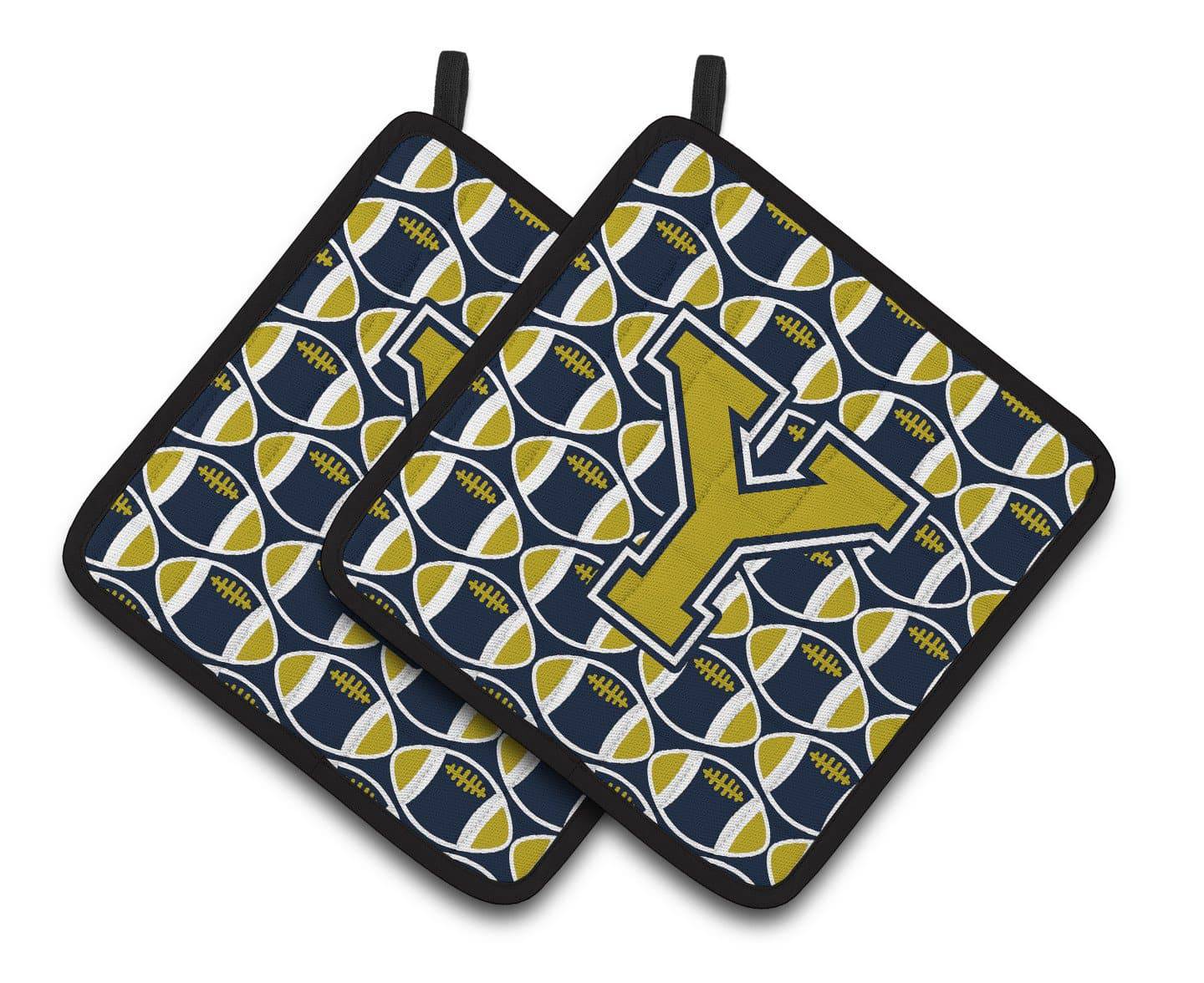 Letter Y Football Blue and Gold Pair of Pot Holders CJ1074-YPTHD - the-store.com