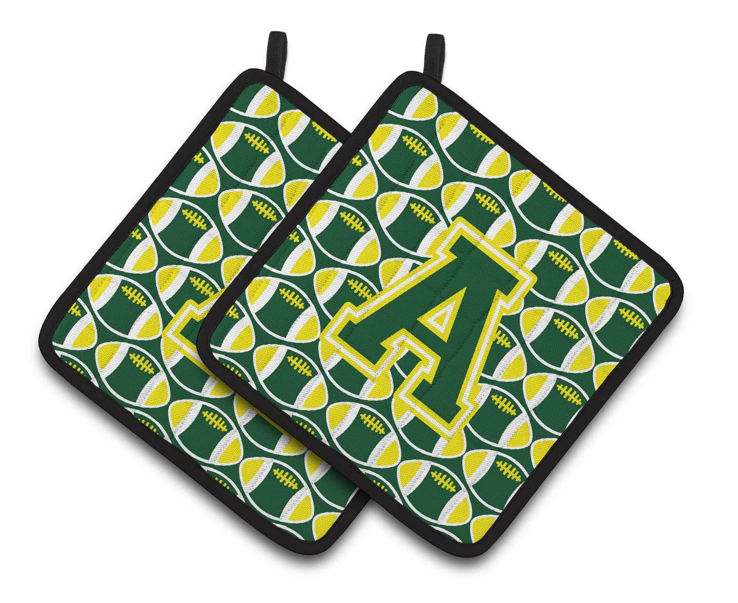 Letter A Football Green and Yellow Pair of Pot Holders CJ1075-APTHD - the-store.com