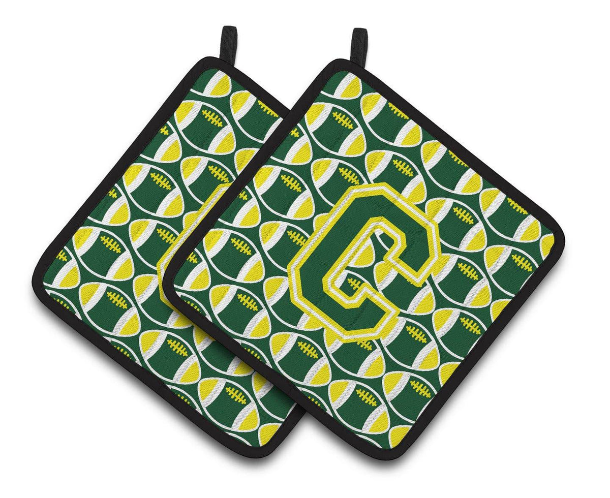 Letter C Football Green and Yellow Pair of Pot Holders CJ1075-CPTHD - the-store.com
