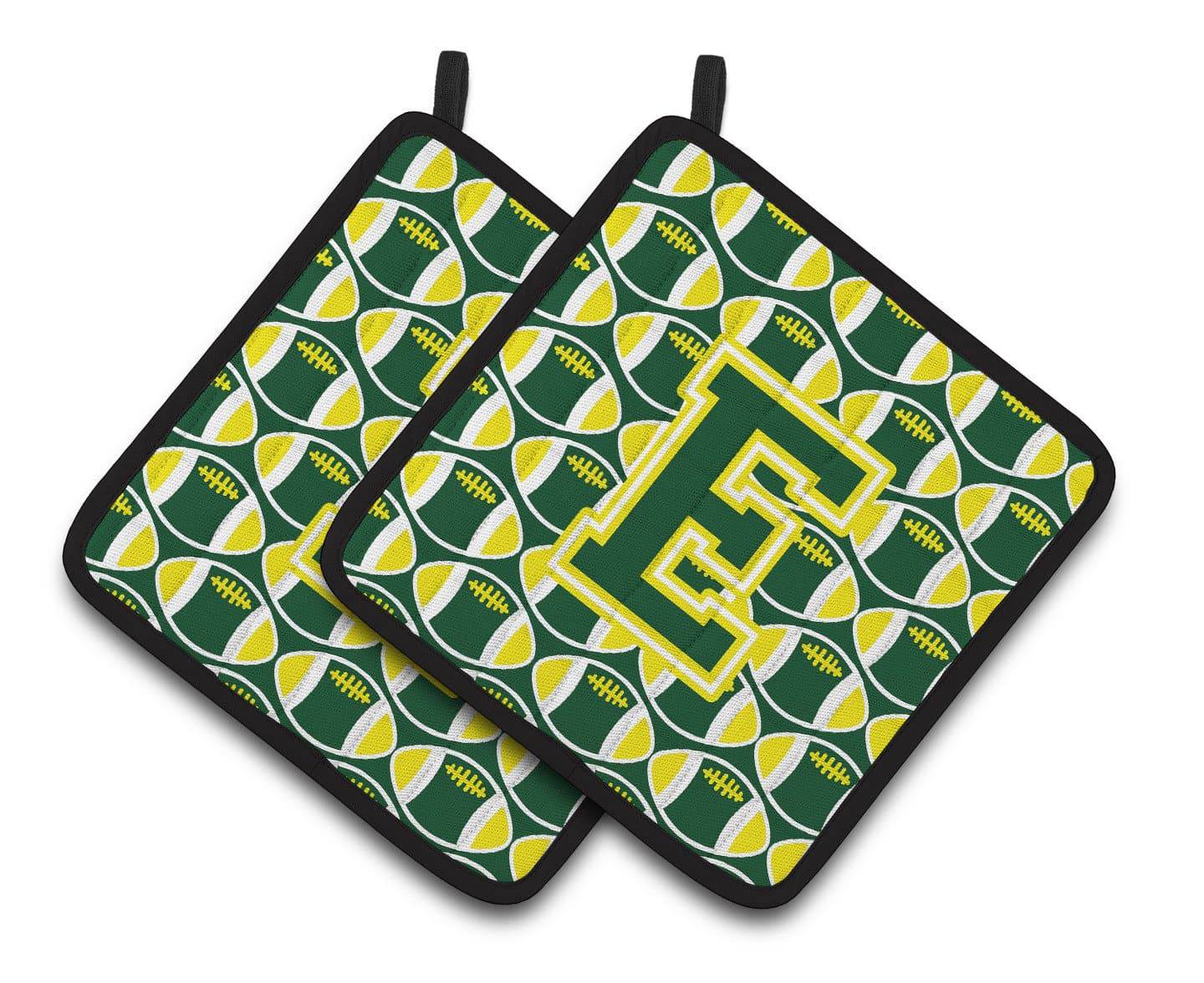 Letter E Football Green and Yellow Pair of Pot Holders CJ1075-EPTHD - the-store.com