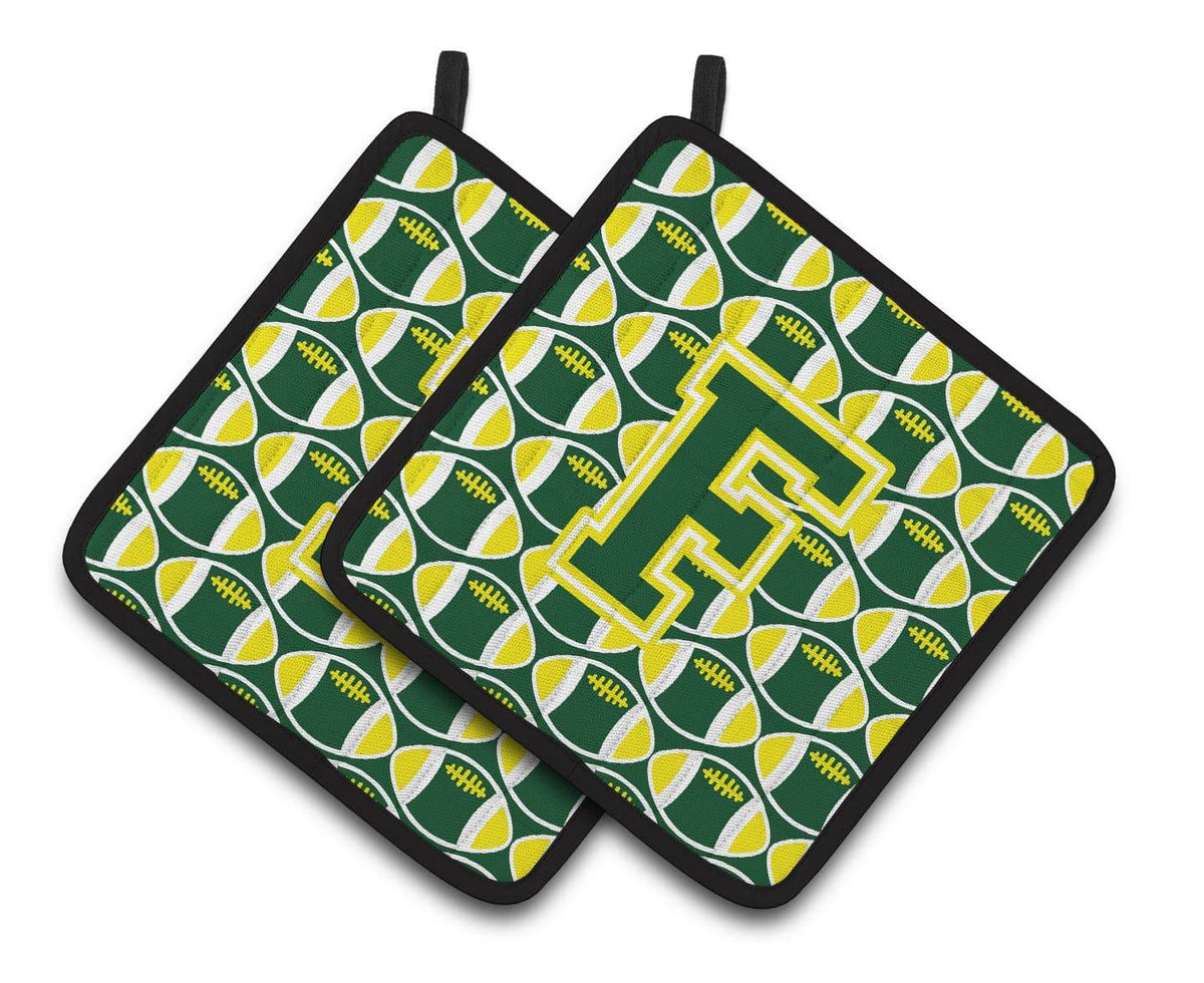 Letter F Football Green and Yellow Pair of Pot Holders CJ1075-FPTHD - the-store.com