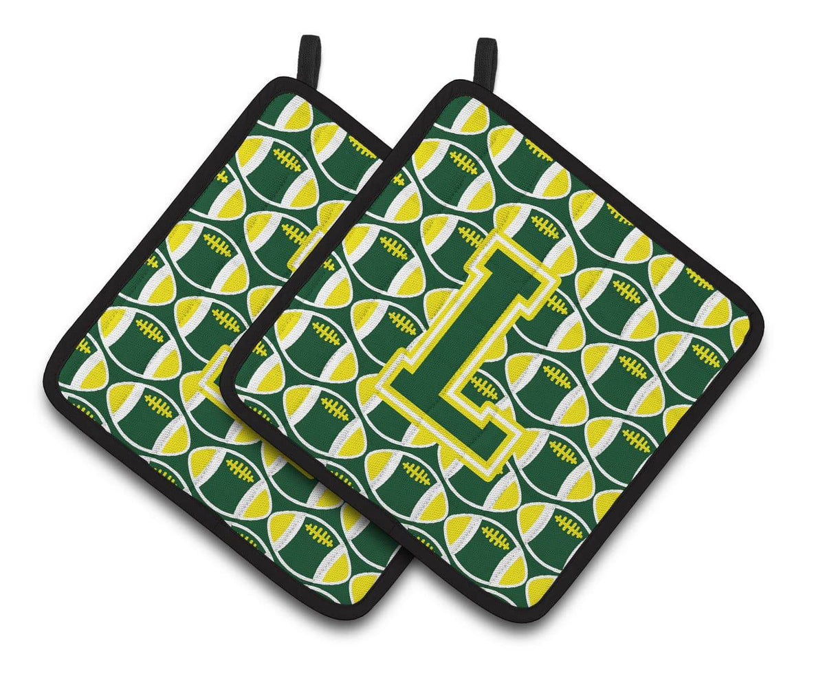 Letter L Football Green and Yellow Pair of Pot Holders CJ1075-LPTHD - the-store.com