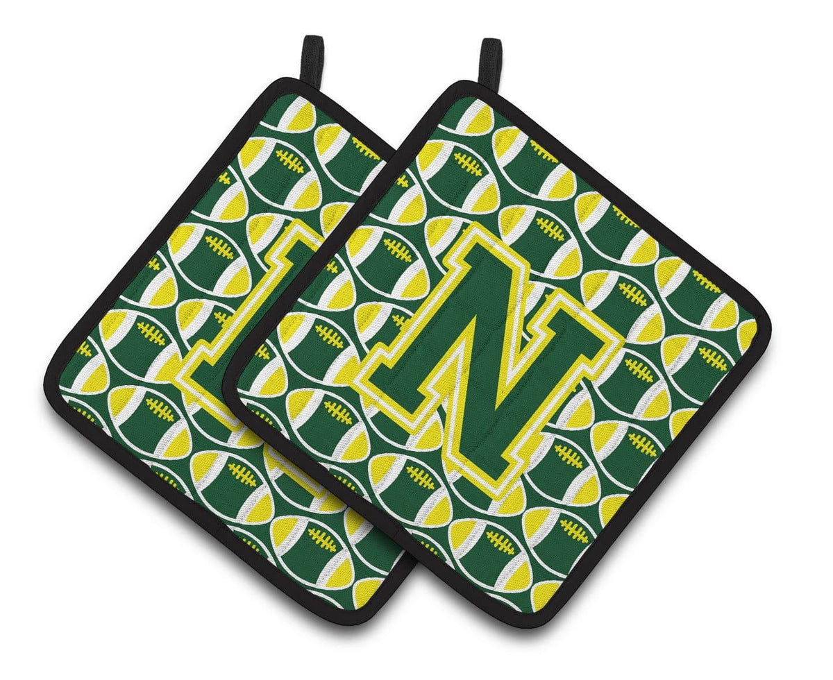 Letter N Football Green and Yellow Pair of Pot Holders CJ1075-NPTHD - the-store.com