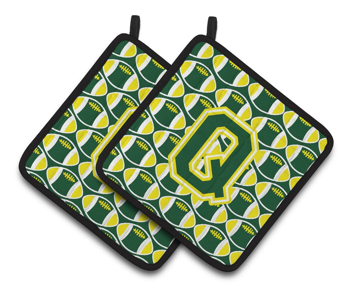 Letter Q Football Green and Yellow Pair of Pot Holders CJ1075-QPTHD - the-store.com