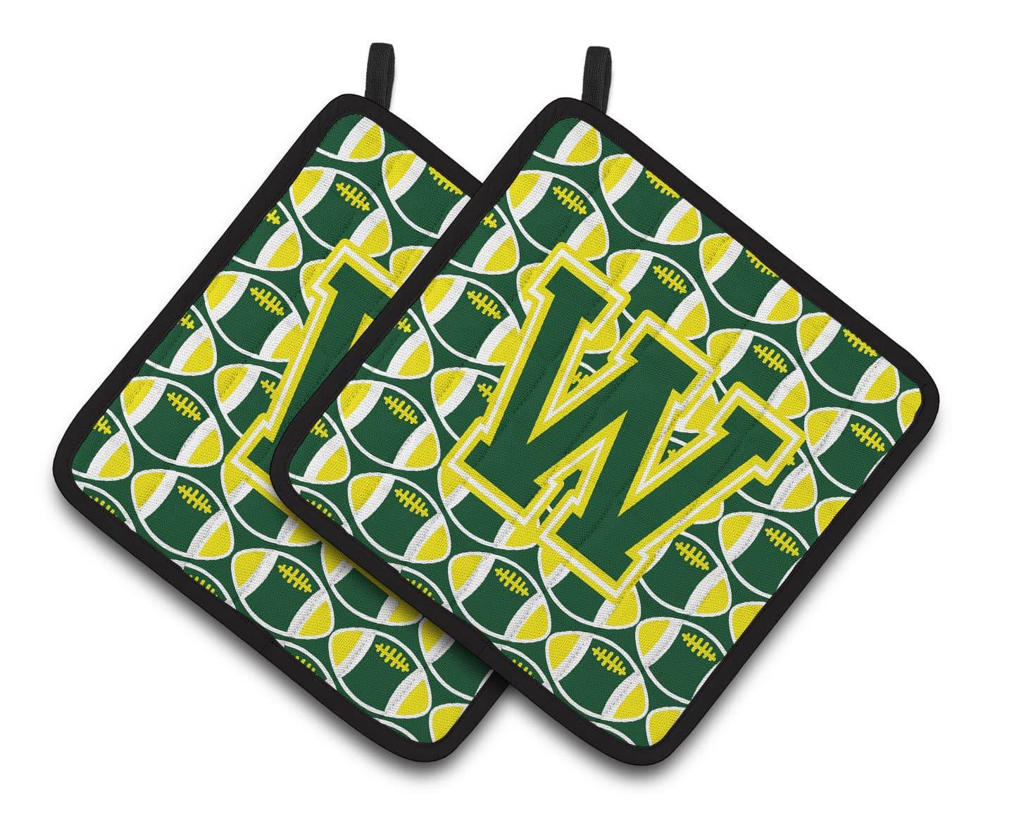 Letter W Football Green and Yellow Pair of Pot Holders CJ1075-WPTHD - the-store.com