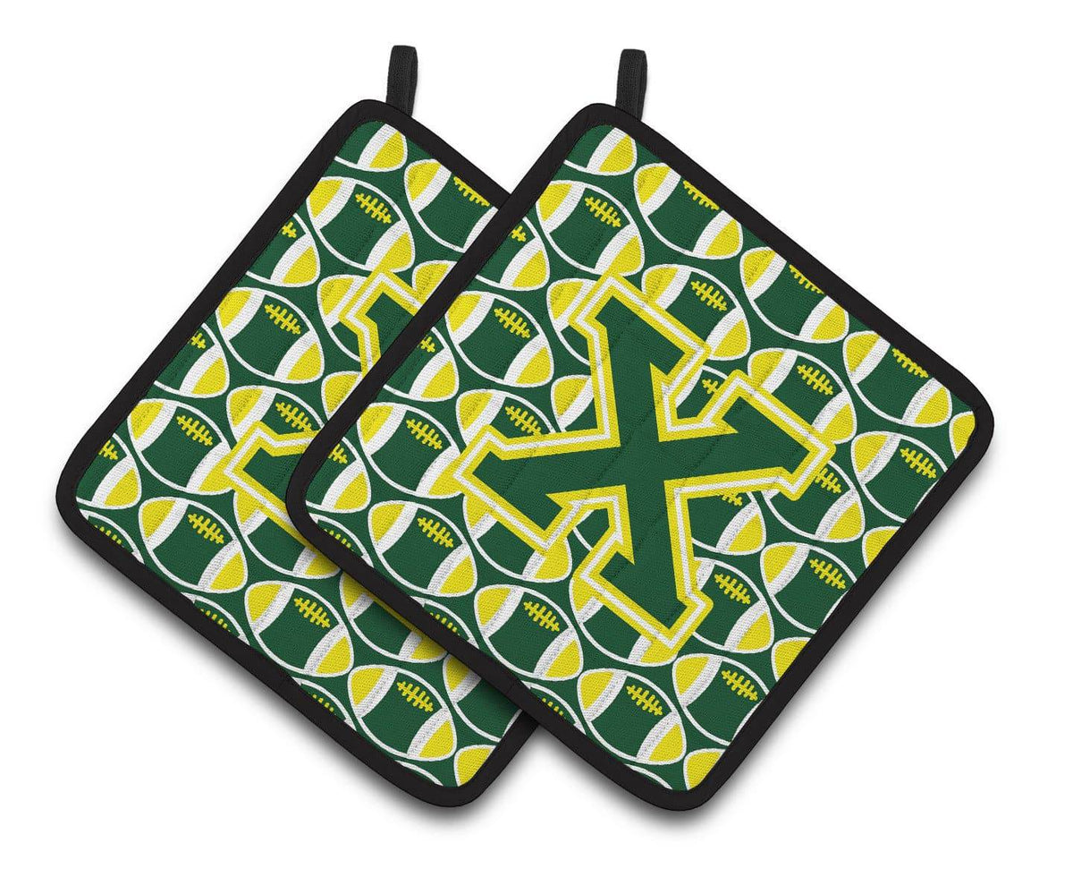 Letter X Football Green and Yellow Pair of Pot Holders CJ1075-XPTHD - the-store.com