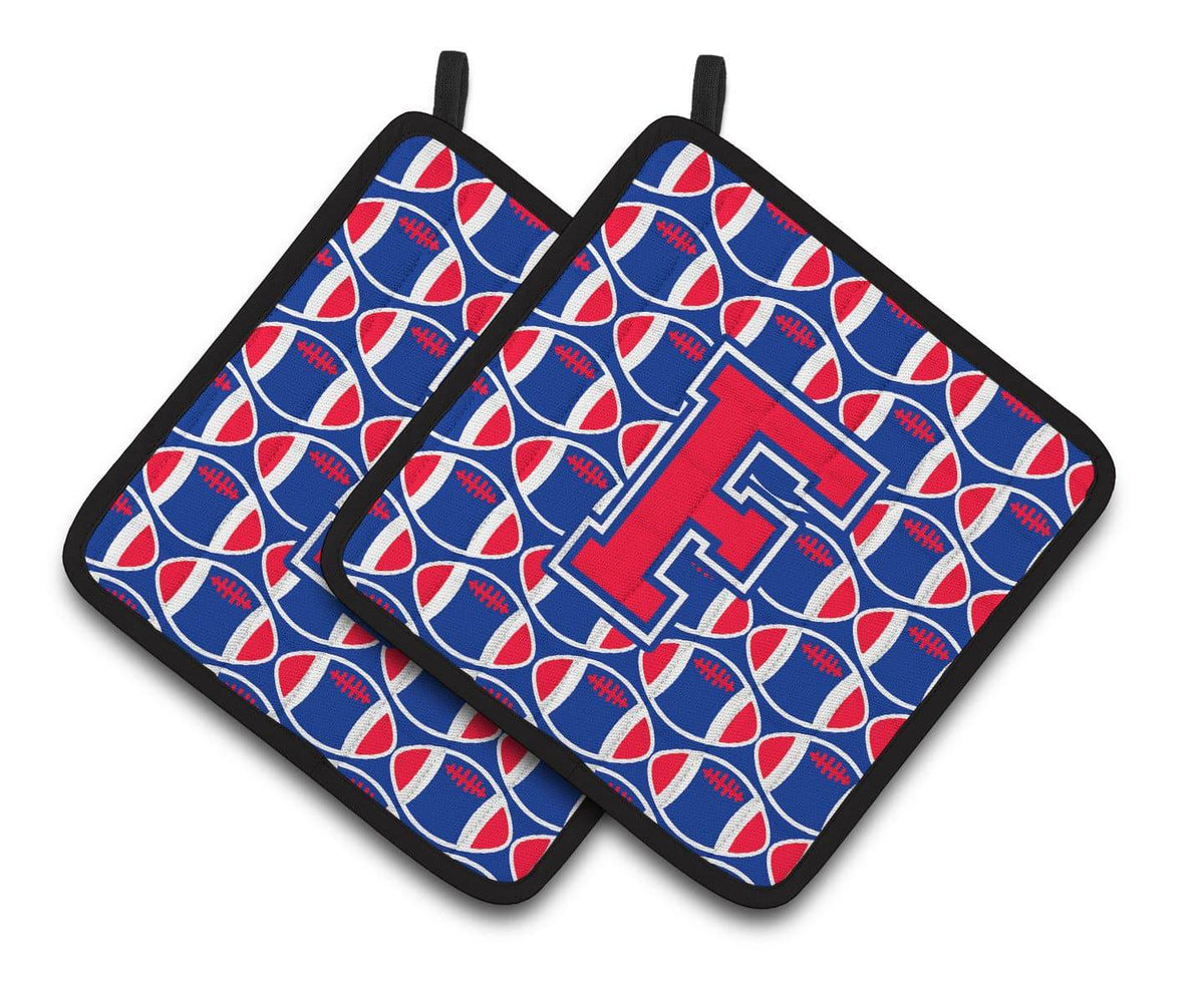 Letter F Football Harvard Crimson and Yale Blue Pair of Pot Holders CJ1076-FPTHD - the-store.com