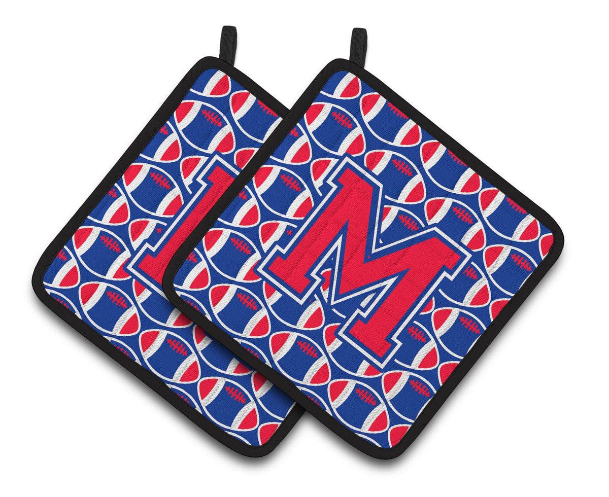 Letter M Football Harvard Crimson and Yale Blue Pair of Pot Holders CJ1076-MPTHD - the-store.com