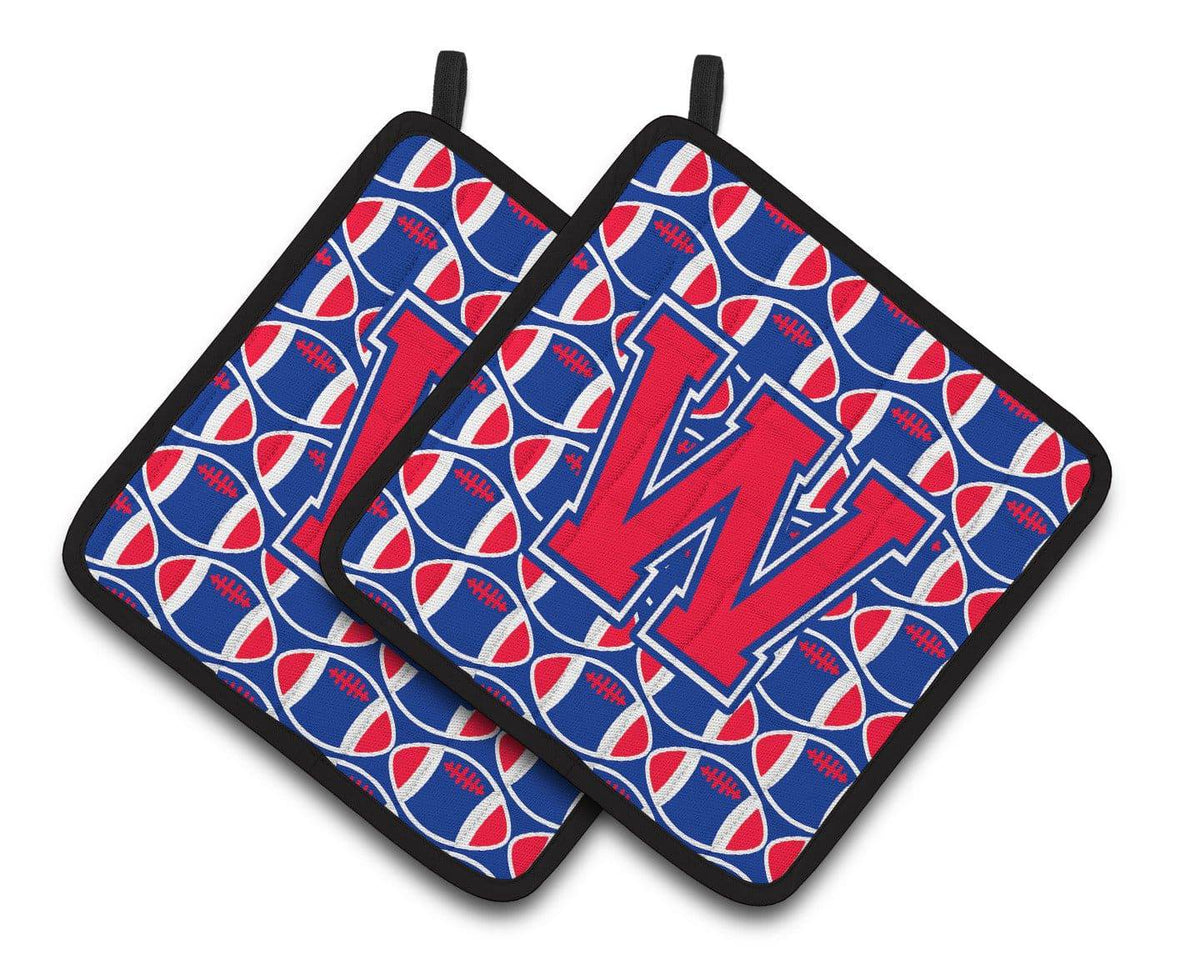 Letter W Football Harvard Crimson and Yale Blue Pair of Pot Holders CJ1076-WPTHD - the-store.com