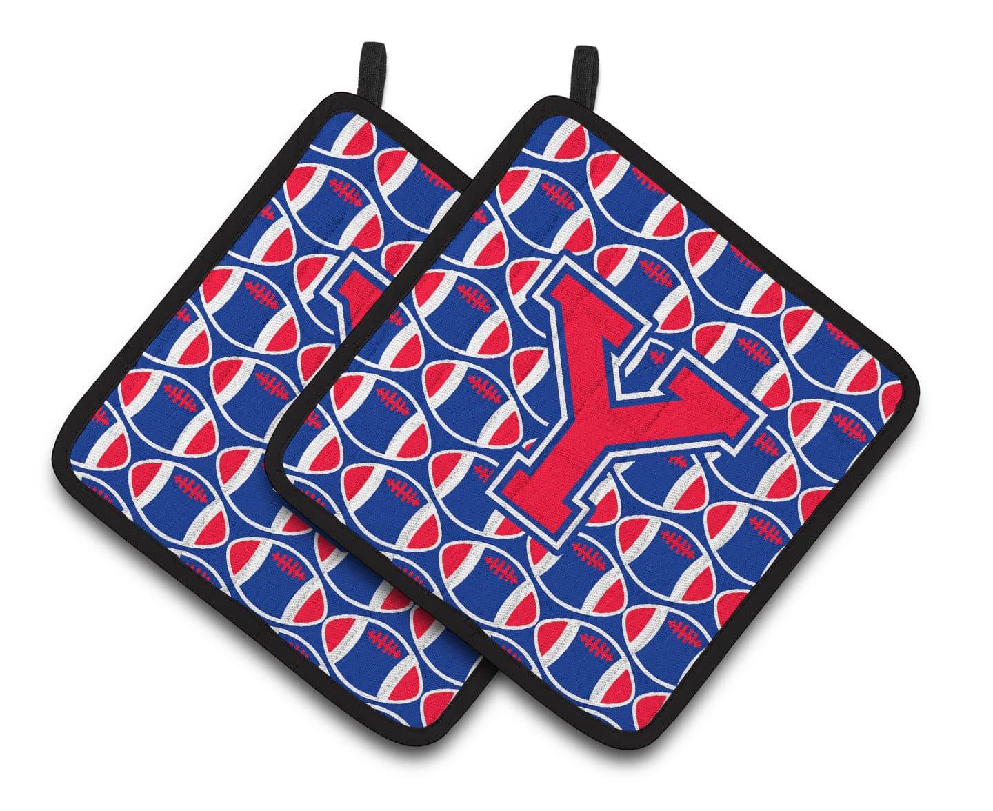 Letter Y Football Harvard Crimson and Yale Blue Pair of Pot Holders CJ1076-YPTHD - the-store.com