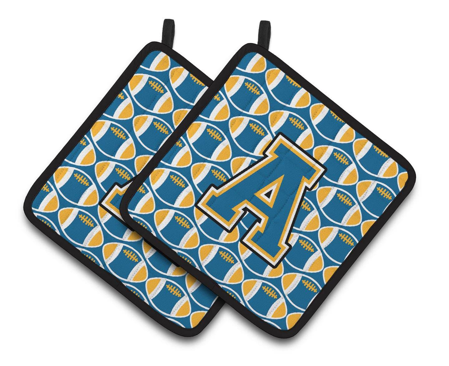 Letter A Football Blue and Gold Pair of Pot Holders CJ1077-APTHD - the-store.com