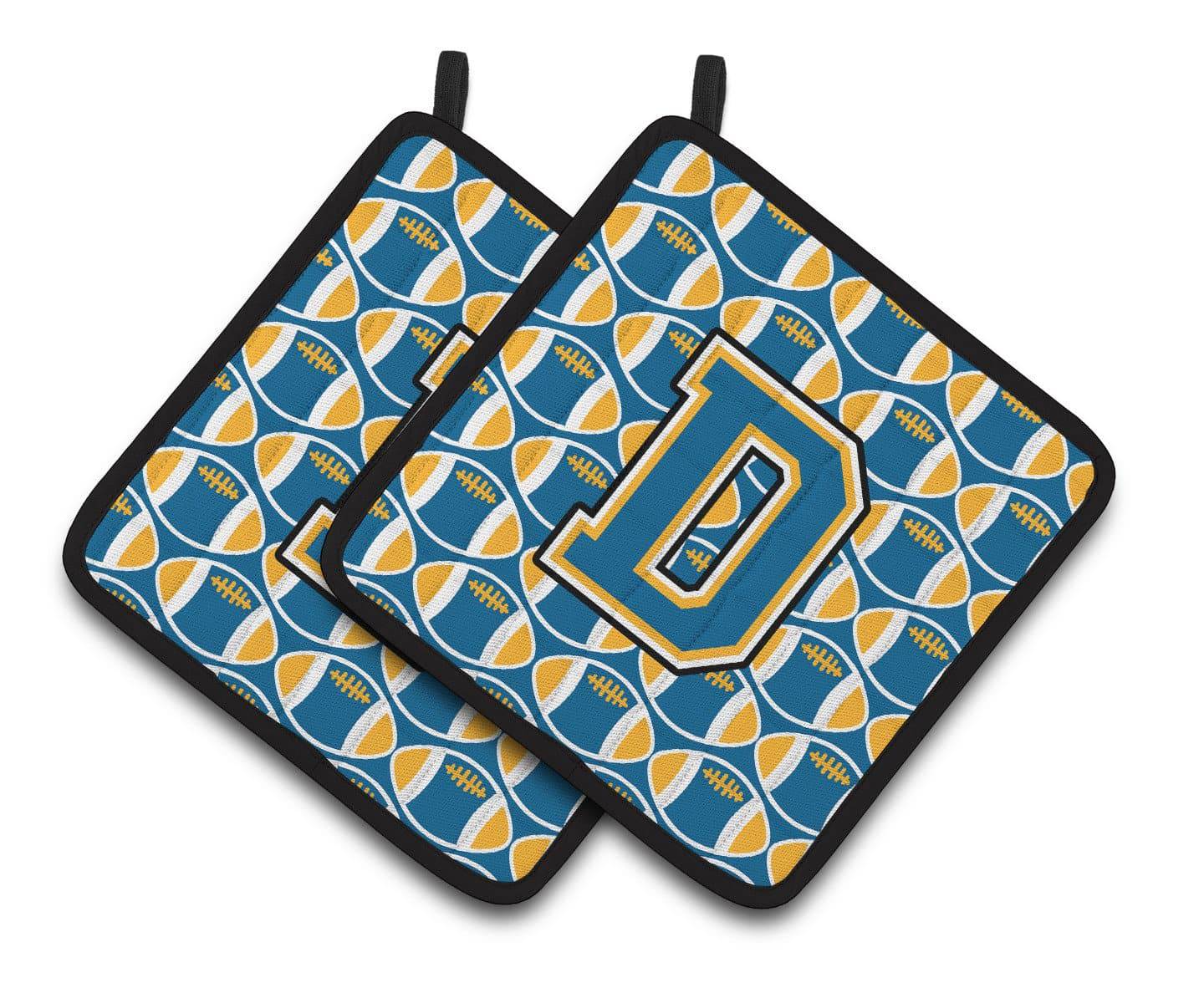 Letter D Football Blue and Gold Pair of Pot Holders CJ1077-DPTHD - the-store.com