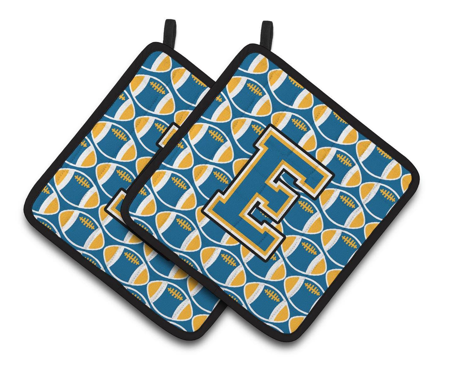 Letter E Football Blue and Gold Pair of Pot Holders CJ1077-EPTHD - the-store.com