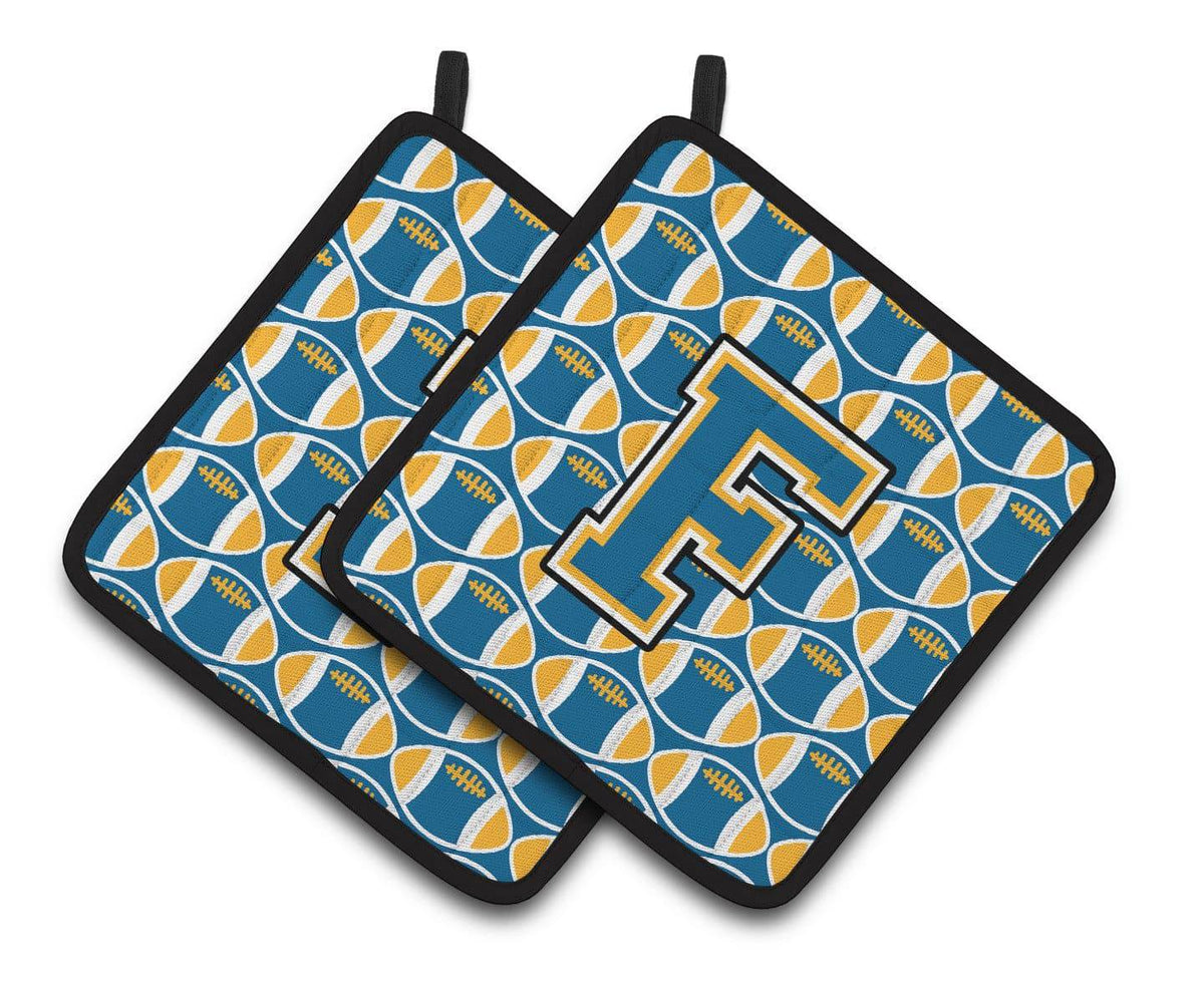 Letter F Football Blue and Gold Pair of Pot Holders CJ1077-FPTHD - the-store.com