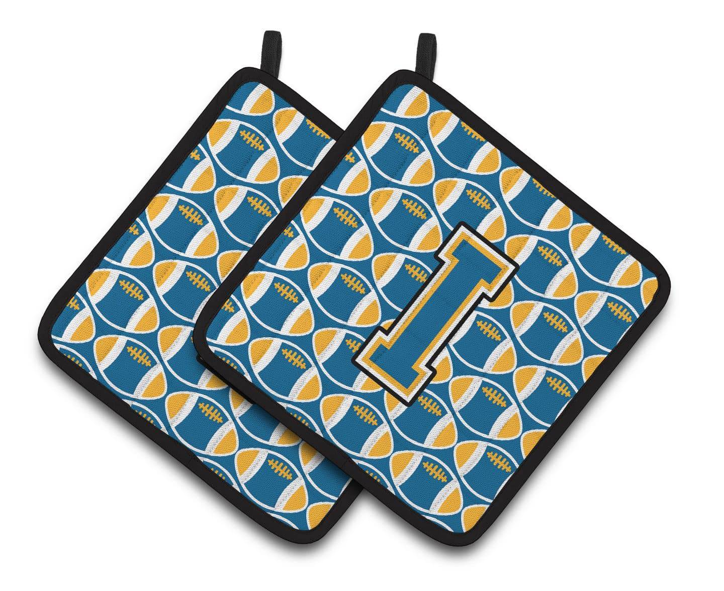 Letter I Football Blue and Gold Pair of Pot Holders CJ1077-IPTHD - the-store.com