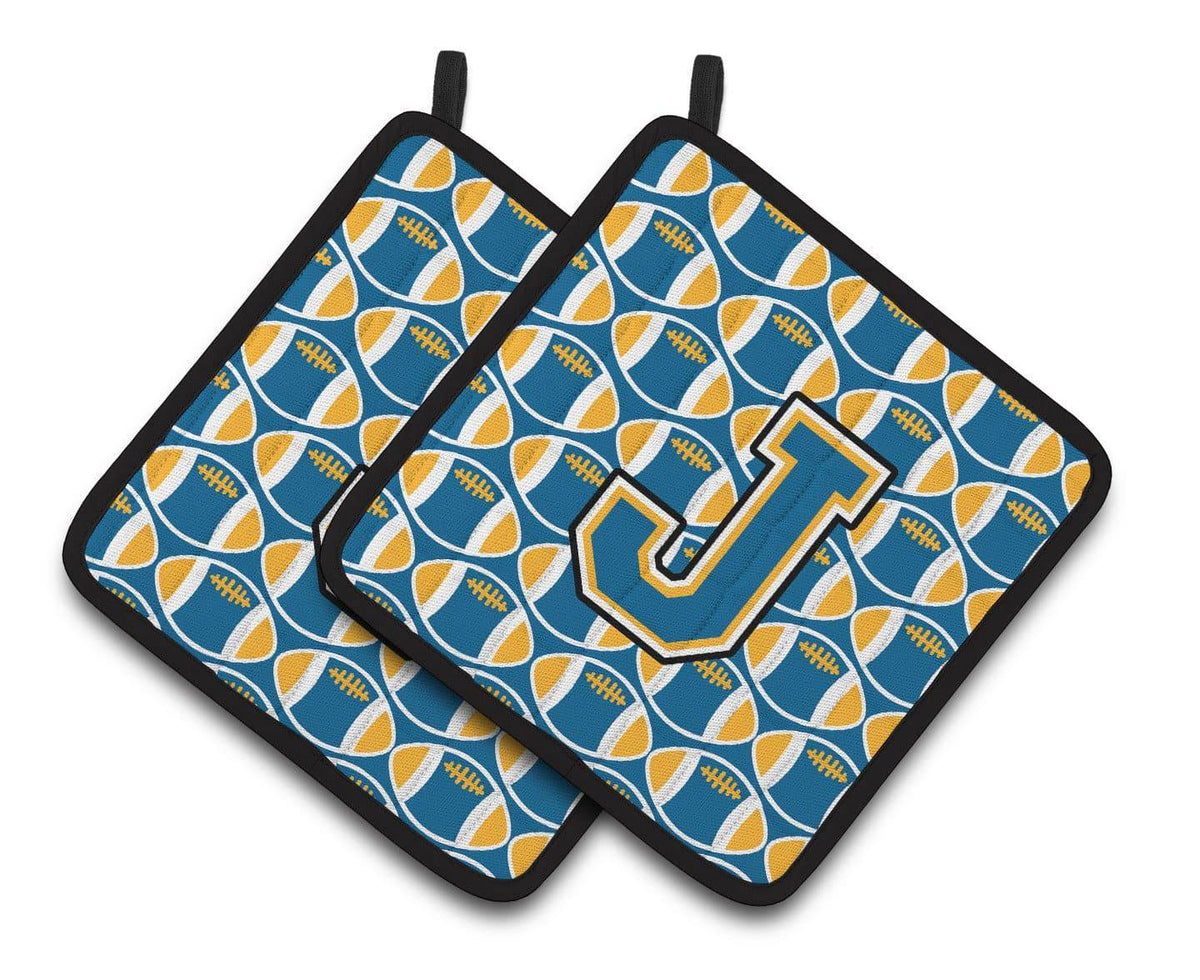 Letter J Football Blue and Gold Pair of Pot Holders CJ1077-JPTHD - the-store.com