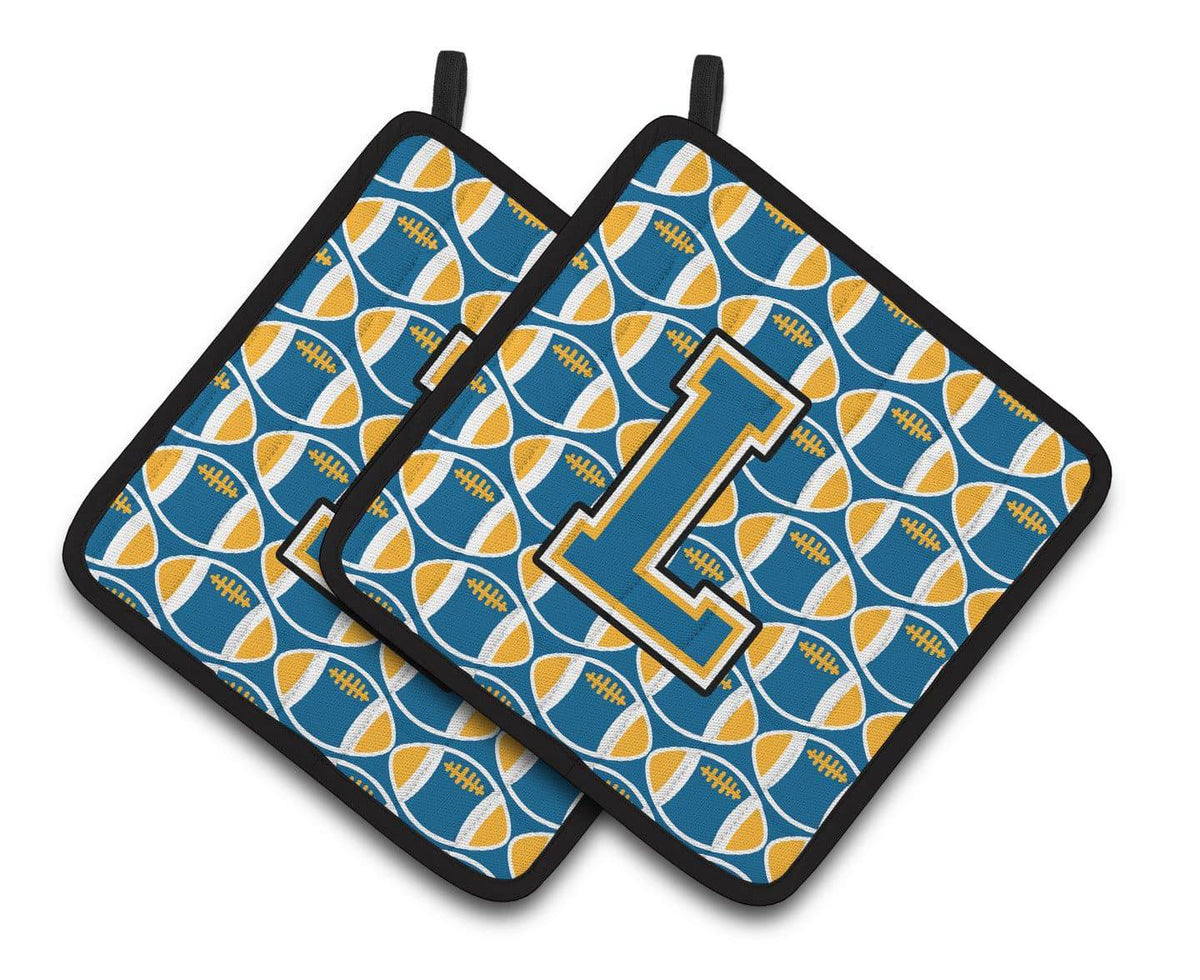 Letter L Football Blue and Gold Pair of Pot Holders CJ1077-LPTHD - the-store.com