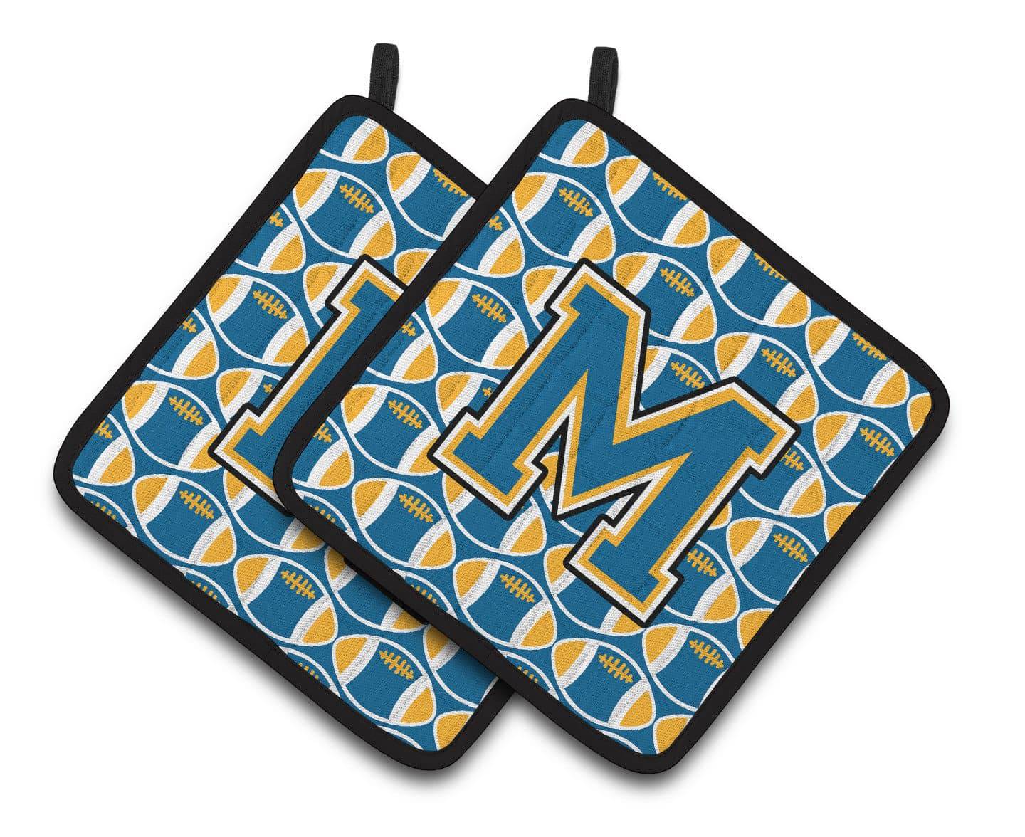 Letter M Football Blue and Gold Pair of Pot Holders CJ1077-MPTHD - the-store.com