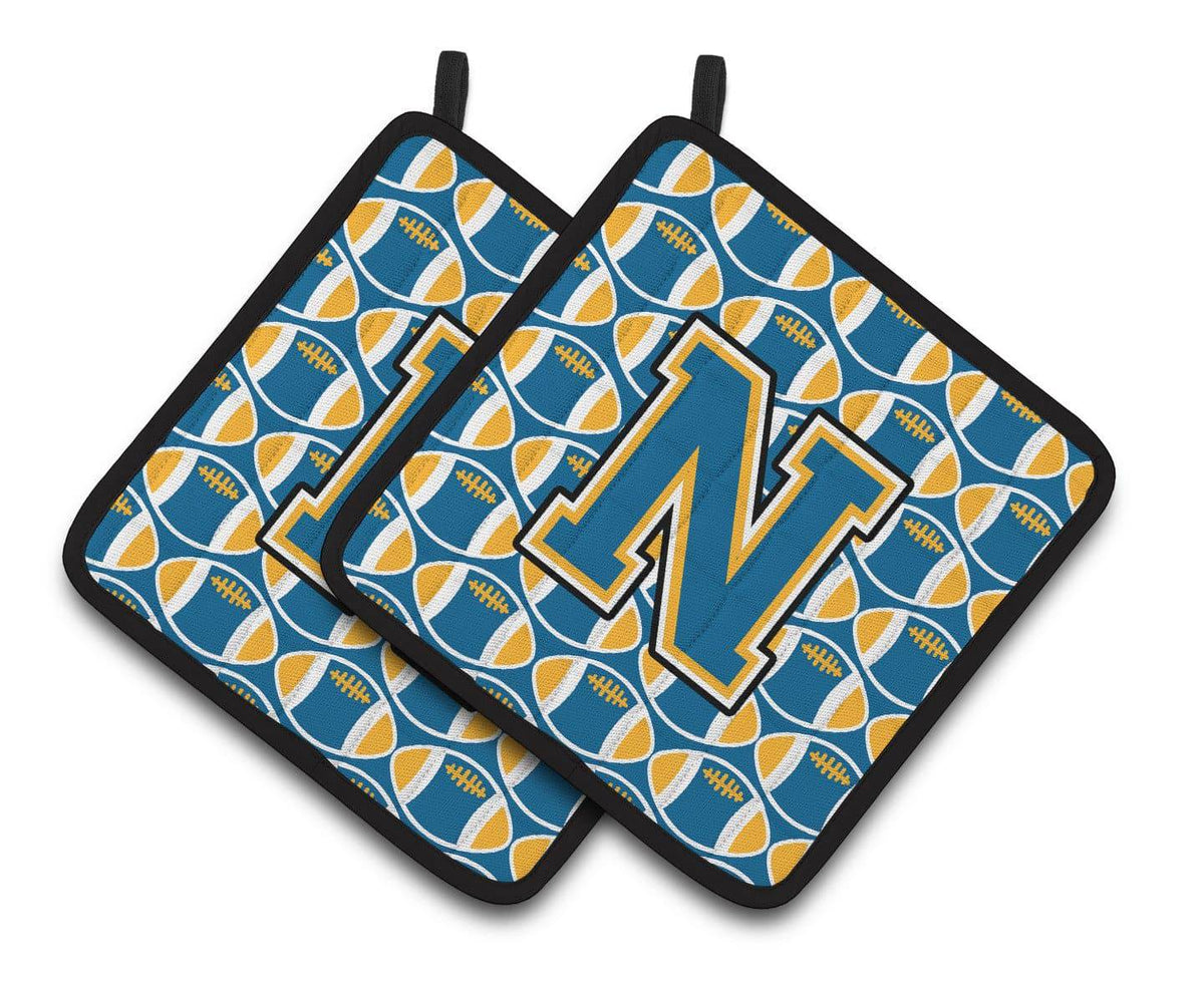Letter N Football Blue and Gold Pair of Pot Holders CJ1077-NPTHD - the-store.com