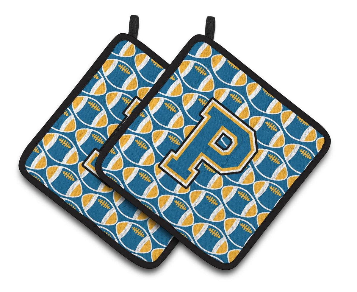 Letter P Football Blue and Gold Pair of Pot Holders CJ1077-PPTHD - the-store.com